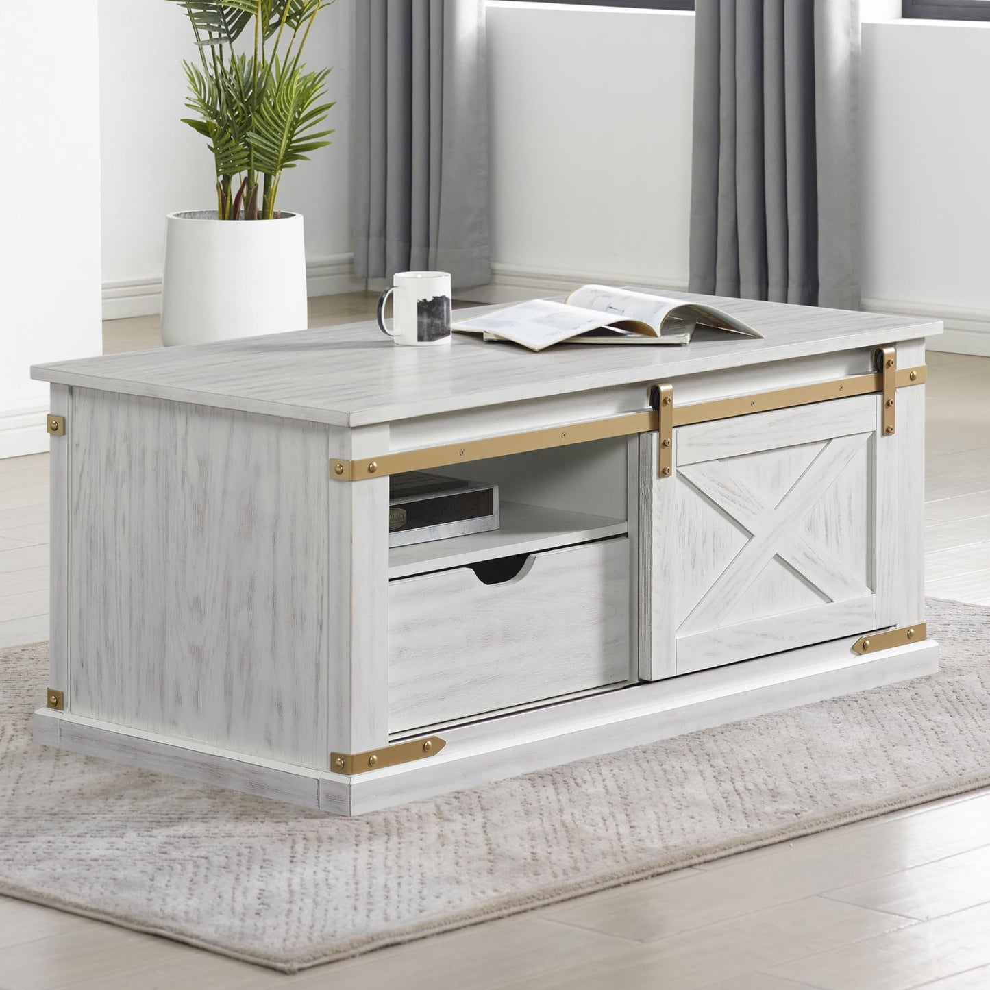 Furniture of America Canya Solid Wood Rectangle Coffee Table with Barnyard Design, Open Shelves and Pull Out Drawer, Home Décor for Living Room, Lounge Area, Office, Antique White