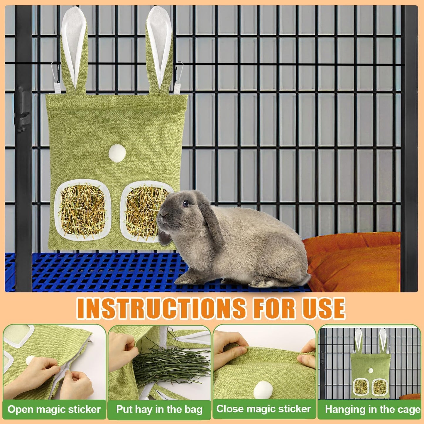 kaiolbly 2 Pack Hay Bag for Rabbits,Guinea Pig Hay Feeder Bags Washable Bunny Hay Bag for Chinchillas Hamsters Small Pets and Animal（11x 9.6 Inch ）