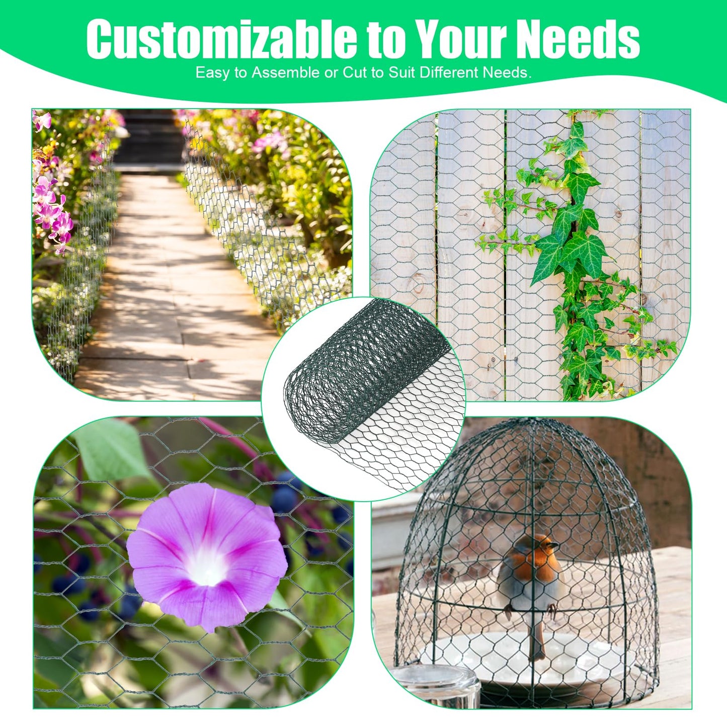 HANWRAPS Chicken Wire, 15.7 x 90.5 Inches, Green, Hexagonal Mesh, Galvanized Metal Poultry Wire Netting for Crafts, Poultry, Garden