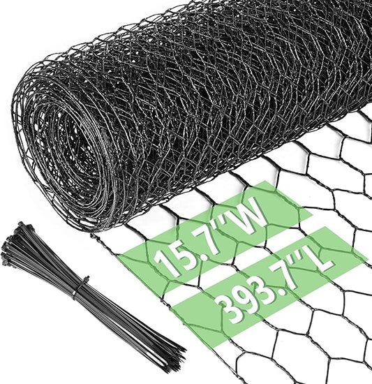 Chicken Wire 15.7 in x 393.7 in Poultry Wire Netting Hexagonal Galvanized Mesh Garden Fence Barrier for Pet Rabbit Chicken Fencing with 100 Pcs Cable Zip Ties(PVC-Coated)