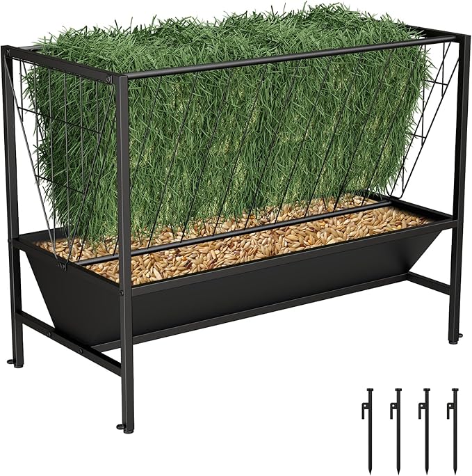 Heavy Duty Hay Feeder for Goats – 45 Gallon Feeder with 24 Gallon Grain Tray for Horses, Calves, and Livestock – Durable Goat Feeder for Farm Use (Closed)