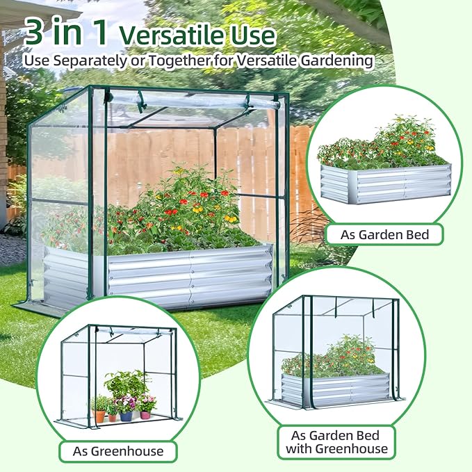 Ohuhu Raised Garden Bed with Greenhouse, 4x2x1 FT Galvanized Metal Planter Box with PVC Cover, Protects Plants from Frost Birds Insects, 3-in-1 Gardening Set for Vegetable Flower Herb Succulent