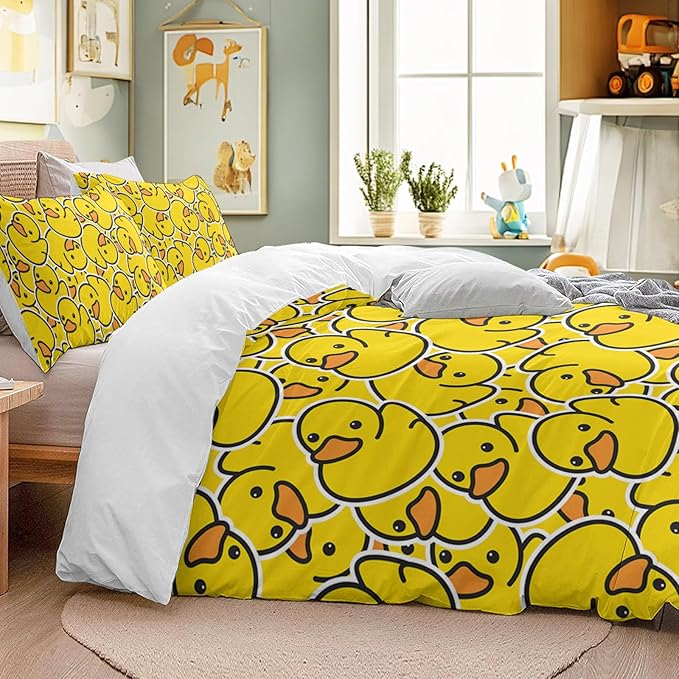 Twin Duvet Cover Set: Kids Yellow Ducks Themed Brushed Microfiber Bedding for Boys Girls Room- Little Plastic Rubber Duck Print Comforter Cover with 2 Pillowcases