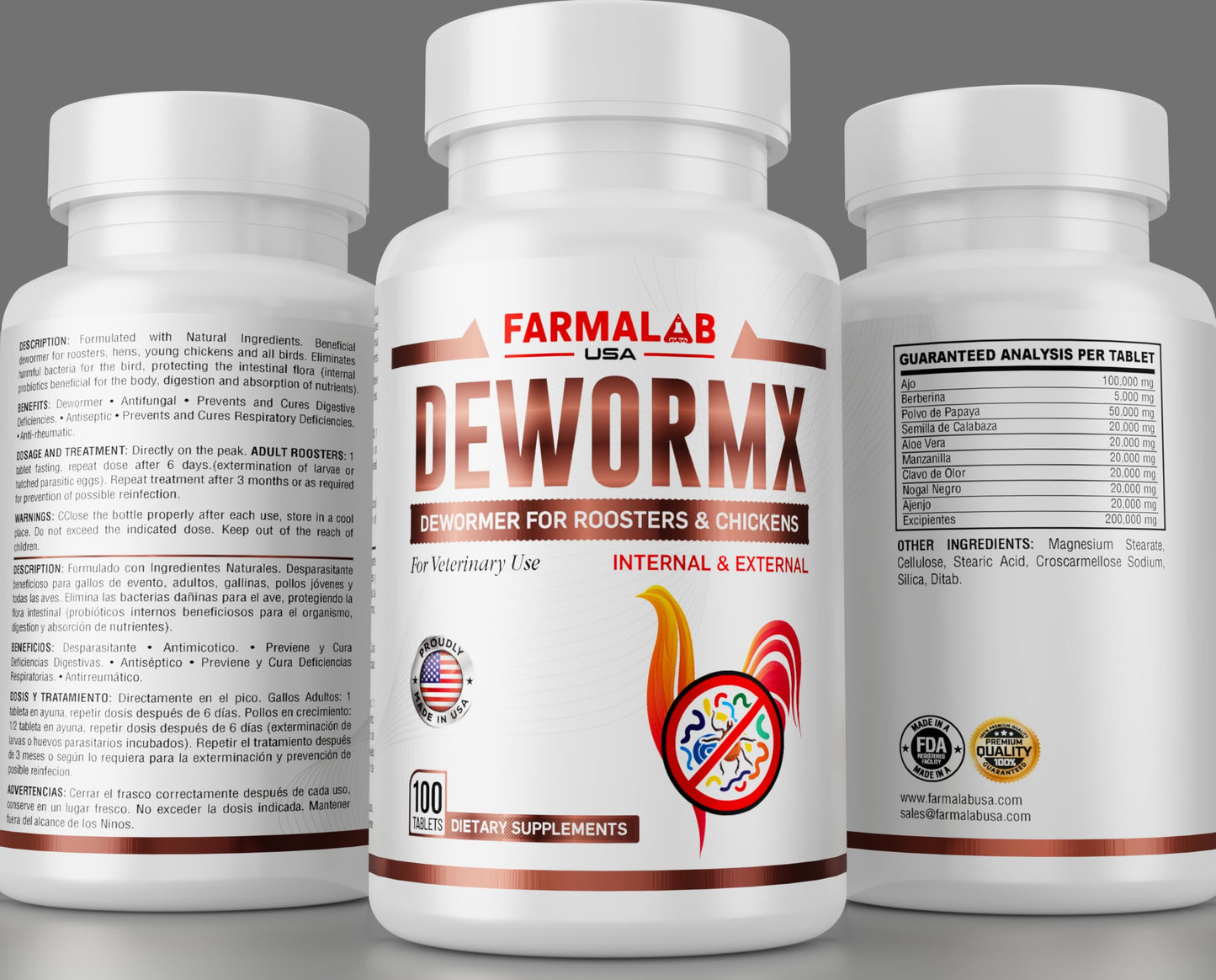 Farmalab Natural Dewormer Internal & External 100 Tabs Poultry NO Egg Withdrawal Needed - Vitamin for Poultry Rooster Hen Chicken Baby Chick