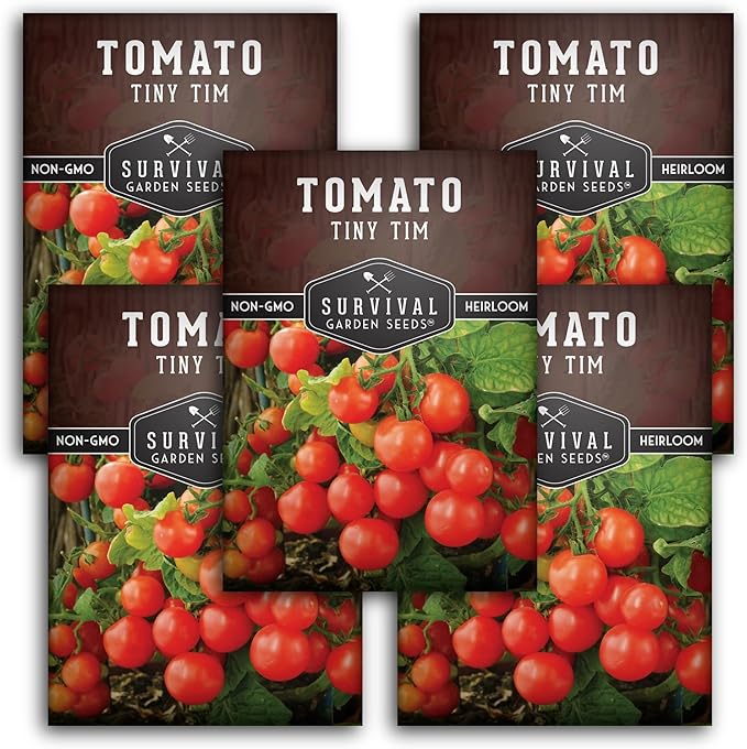 Survival Garden Seeds - Tiny Tim Tomato Seeds for Planting - 5 Packs with Instructions to Grow in Your Home Vegetable Garden - Non-GMO Heirloom Variety