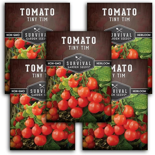 Survival Garden Seeds - Tiny Tim Tomato Seeds for Planting - 5 Packs with Instructions to Grow in Your Home Vegetable Garden - Non-GMO Heirloom Variety