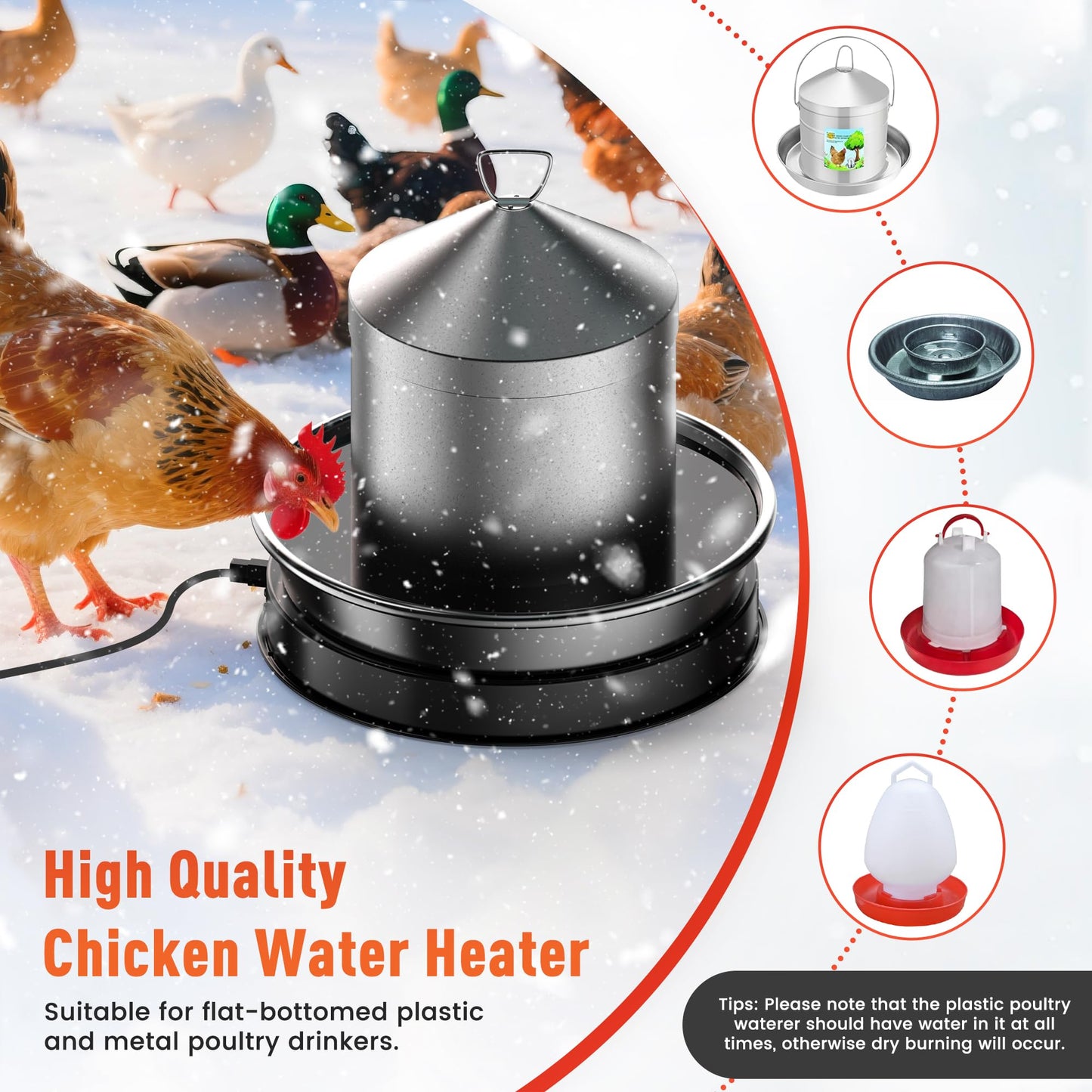 Chicken Water Heater for Winter, 110W Heated Poultry Waterer Base with Thermostat, 11 Inch Poultry Winter Deicer Heated Base with 9.8ft Power Cord, 2PCS (Black)