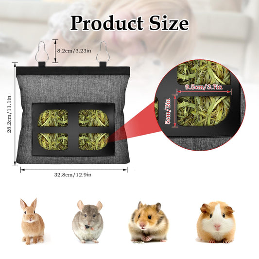 Rabbit Hay Feeder.Guinea Pig Hay Feeder.Bunny Hay Feeder.Rabbit Hay Feeder Bag, Bunny Hay Bag for Rabbits,4 Holes Rabbit Hay Feeder Fabric Bag (Gray)