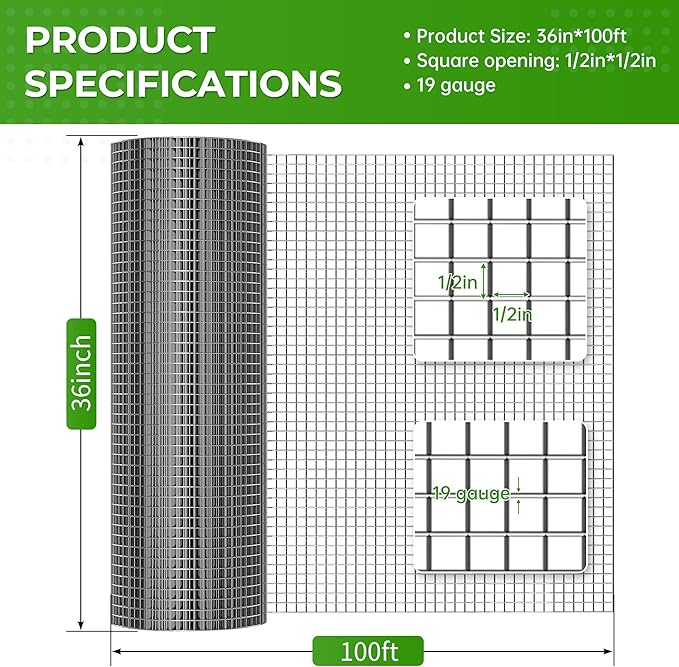 Hardware Cloth 1/2 inch 36 x 100 ft, 19 Gauge Galvanized Chicken Wire Mesh Roll, Rabbit Hutches, Chicken Coops, Tree Guard, Wire Fence Roll, Hardware Mesh
