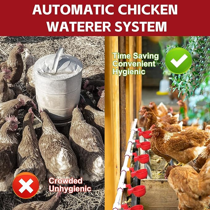 Automatic Chicken Waterer System (45 Accessories Included), Complete PVC Pipelines Set with Chicken Water Cups, Float Valve and Garden Hose, DIY Chicken Watering System (No Bucket Included)