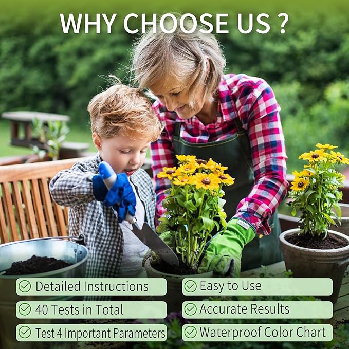 Soil Test Kit - 4-in-1 Soil Testing Kit with Test Tube & Tablets - 40 Tests Upgraded Accurate Tester for pH Nitrogen Phosphorus & Potassium in Garden Lawn Yard Vegetable