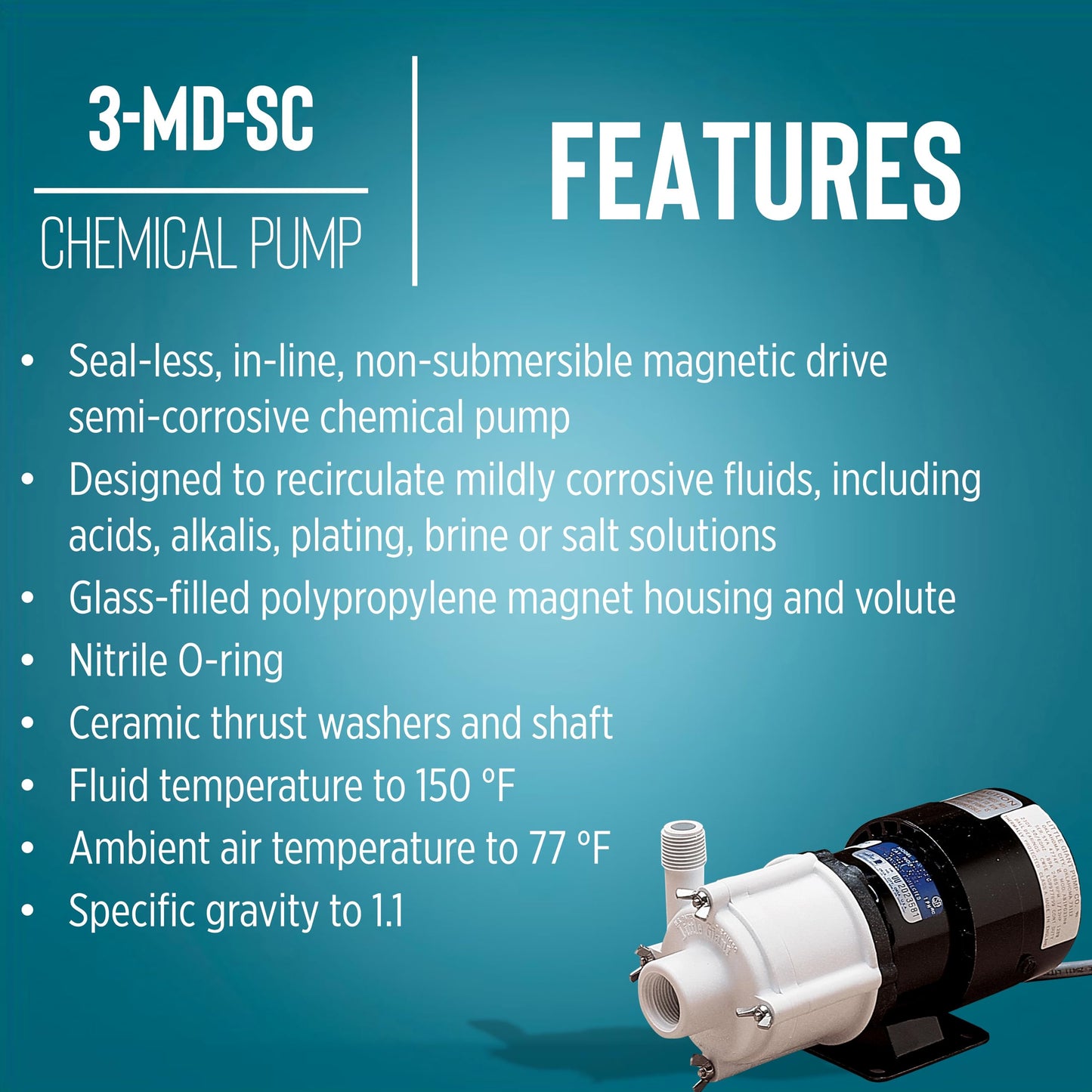 Little Giant 230 Volt, 1/12 HP, 750 GPH 3-MD-SC Non-Submersible Magnetic Drive Pump for Semi-Corrosive Chemicals, 6-Foot Cord (Plug-less), Black/White, 581513