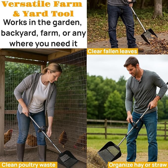 Chicken Shovel Poop Scooper & Rake 2-in-1,Metal Coop Scoop for Sand with 24"–63.7" Adjustable Stainless Steel Handle,Ergonomic Grip Litter Sifting Shovel for Pooper Cleaning,Farm-Honeycomb