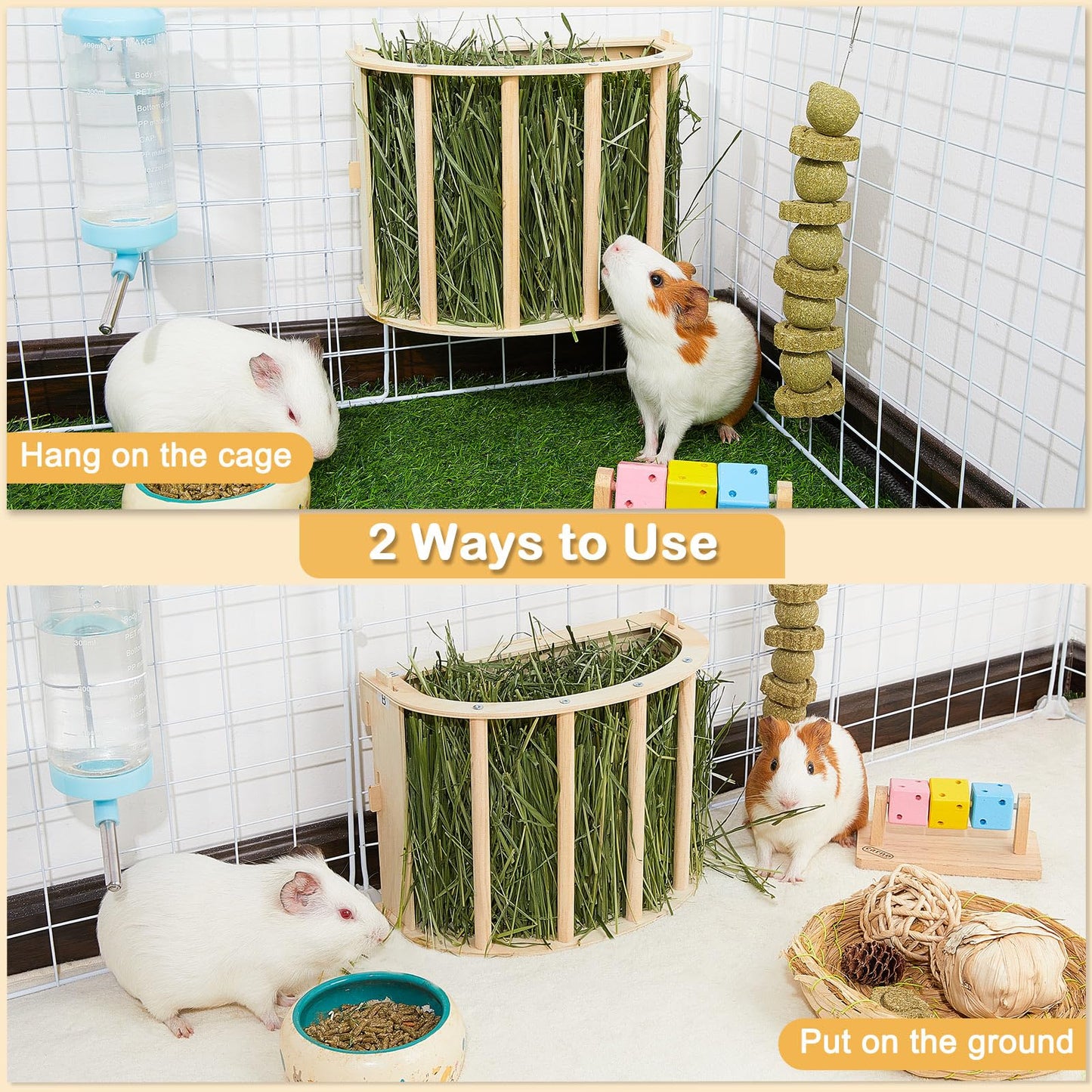 Guinea Pig Hay Feeder Wooden Rabbit Hay Feeder Big Volume Bunny Hay Holder Hanging Hay Rack with Instructions Guinea Pig Cages Accessories for Chinchilla and Ferret, Rabbit Cage Accessories