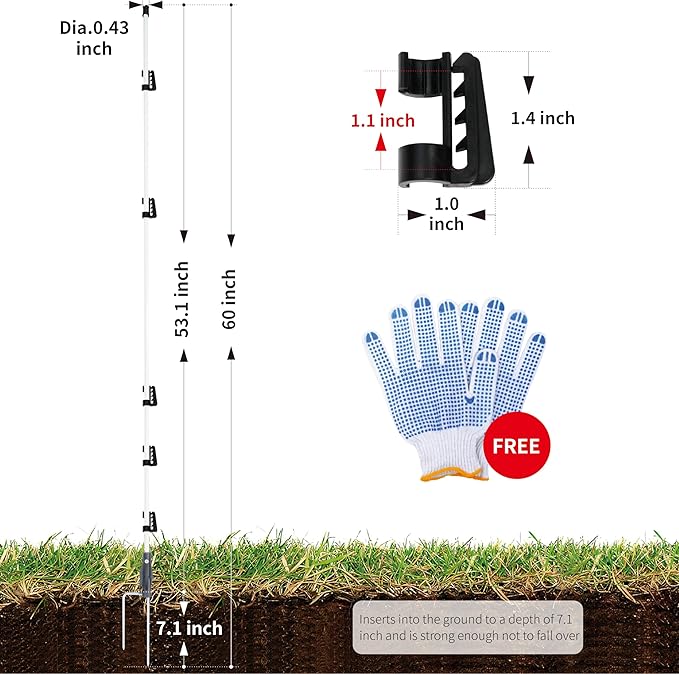 60'' Fiberglass Electric Fence Posts with Double Spikes for Animals, Garden Protection, etc. - 12 Posts Come with 60 Clips