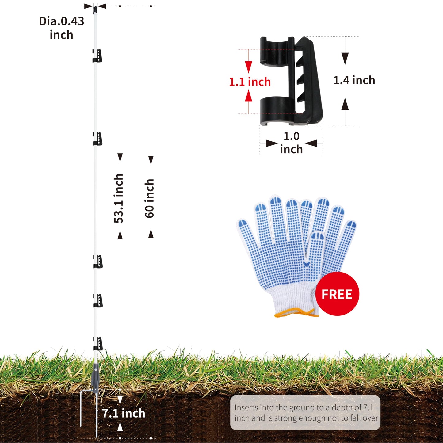 60'' Fiberglass Electric Fence Posts with Double Spikes for Animals, Garden Protection, etc. - 36 Posts Come with 180 Clips