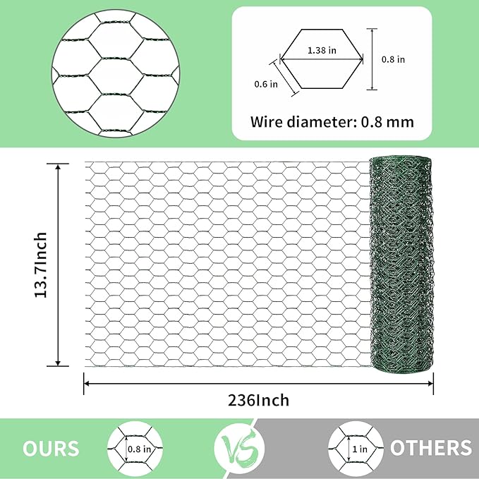Chicken Wire 13.7 in x 236 in Poultry Wire Netting Hexagonal Galvanized Mesh Garden Fence Barrier for Pet Rabbit Chicken Fencing (PVC-Coated)