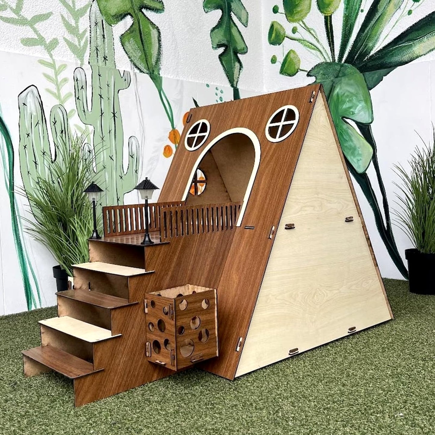 Tnstbiee Large Modern Wooden Rabbit Castle House Hutch - Bunny Hideout Indoor Habitats - Pet 2-Story Home Furniture（Excluding Street Lights）