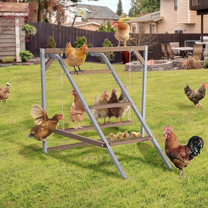 PETSFIT Chicken Perch for Coop-Solid Wood and Rustproof Iron Roosting Bar with Swing - Ideal for Backyard Poultry, Chicken Coops, and Farms-Easy to Assemble and Clean