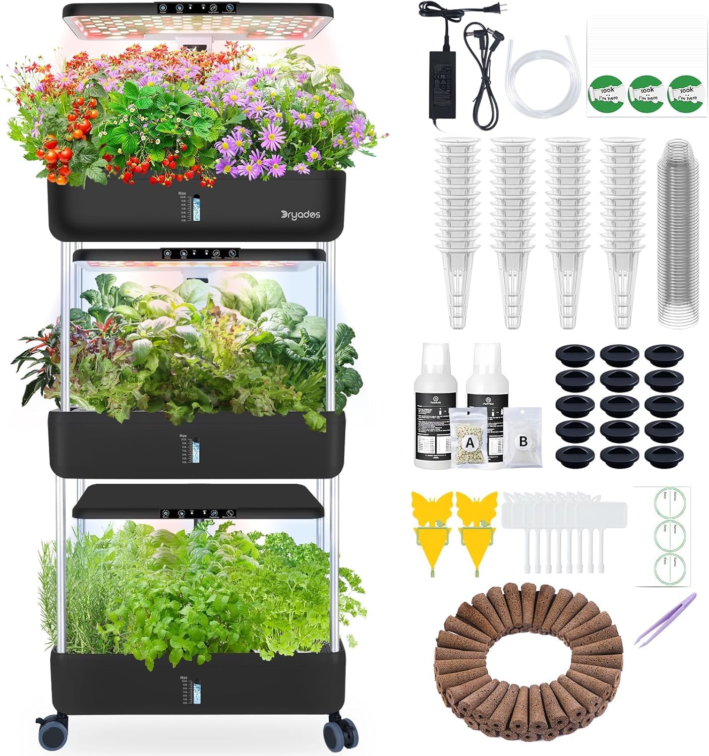 DRYADES 66-Pod Indoor Hydroponic Growing System + 3 Free Seeds Starter Kit (Lettuce, Salad Mixed, Basil Seeds) – Dual 53W Full-Spectrum LED, 10-L Water Tank, 3-Tier Grow Pods