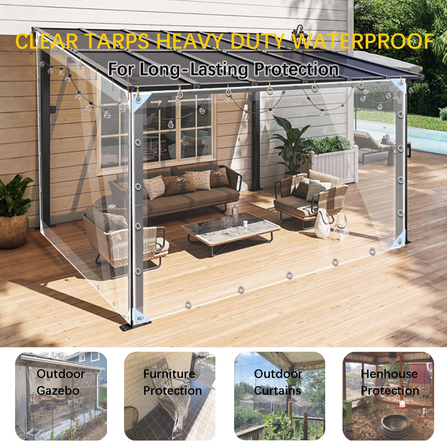 Clear Tarps Heavy Duty PVC, Transparent Tarp Durable Waterproof Dustproof Windproof, Tarpaulin with Grommets & Ropes for Greenhouse, Patio, Garden, Pavilion, Chicken, Porch, Outdoor(12' x 20')