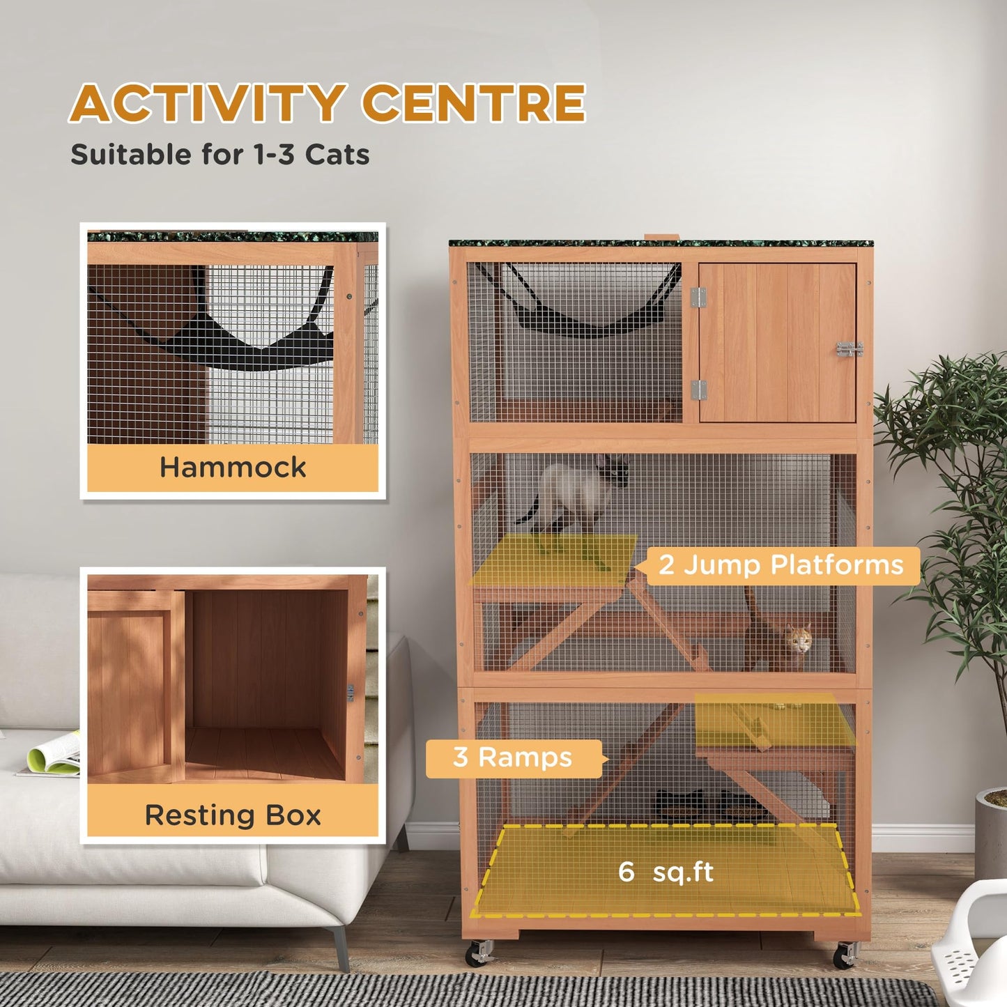PawHut 2 Piece Catio, Outdoor Cat Enclosure House, Wooden Feral Cat Shelter on Wheels, Cat Cage with Hammocks, Platforms Ramps, and Weather Protection Asphalt Roof, 34", Orange