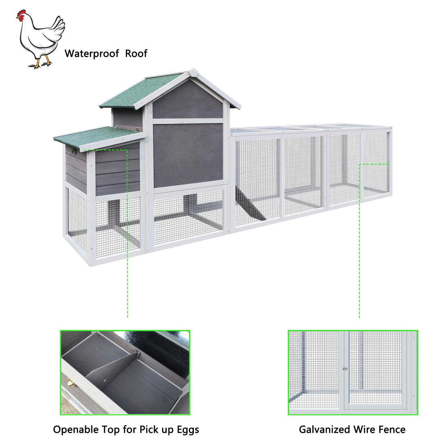 123'' Large Chicken Coop with Run, Wooden Hen House for 3-5 Chickens, Outdoor Chicken Run Poultry Cage Rabbit Cage Duck House with Nesting Box, Ramp & Pull-on Tray