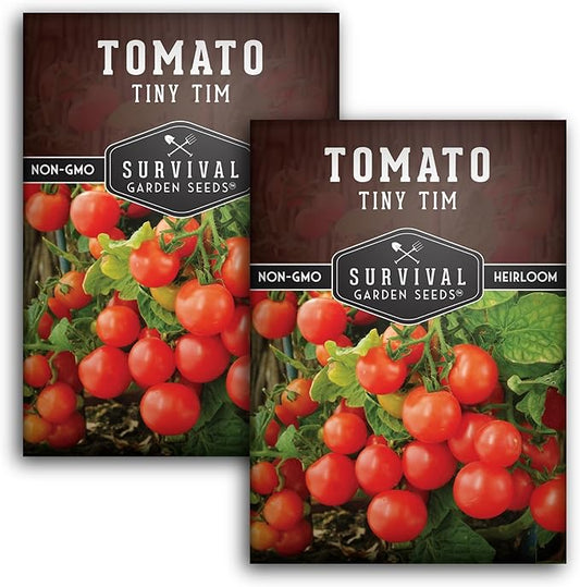 Survival Garden Seeds - Tiny Tim Tomato Seeds for Planting - 2 Packs with Instructions to Grow in Your Home Vegetable Garden - Non-GMO Heirloom Variety