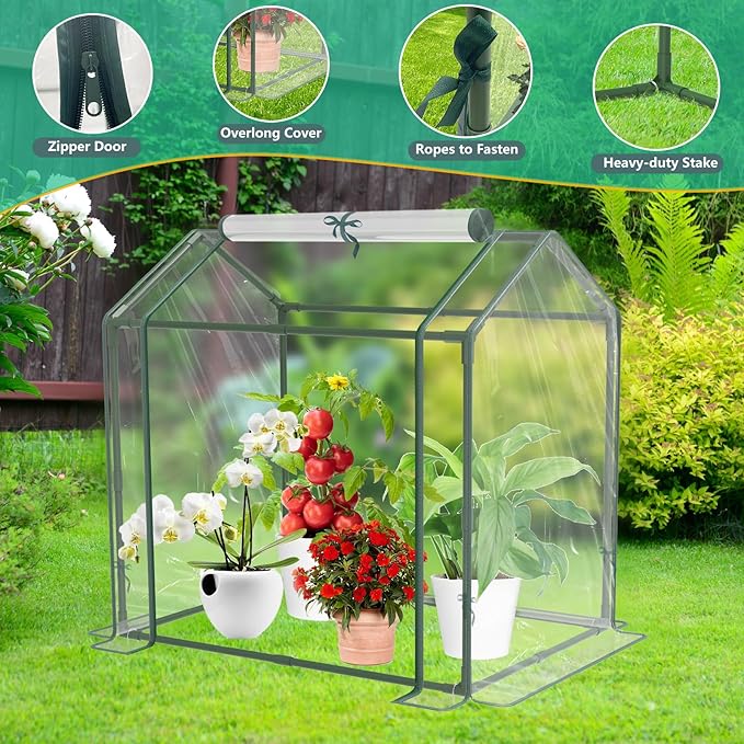 Mini Greenhouse for Indoor Outdoor Plants, Durable Green House with Roll-up Zipper Door，Grow Plant House Tent with Transparent PVC Cover 33.5”x23.2”x32.5”