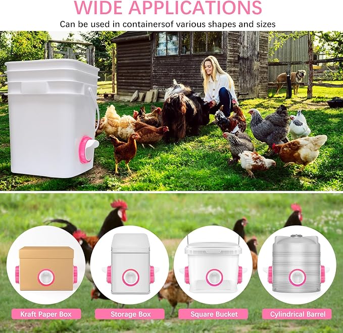 Chicken Feeders No Waste 6 Ports, 4 inch DIY Poultry Feeder with 6 Covers 1 Hole Saw, Rain Proof Automatic Gravity Chicken Feeder Kits for Buckets, Barrels, Bins, Troughs (Pink)