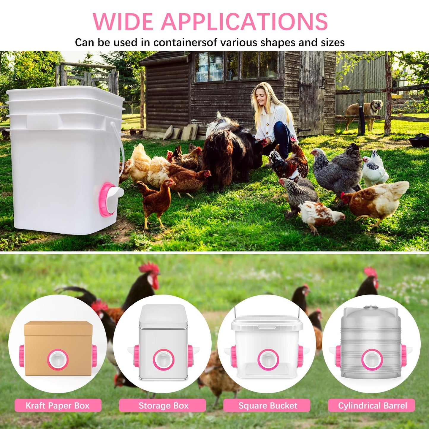 Chicken Feeders No Waste 6 Ports, 4 inch DIY Poultry Feeder with 6 Covers 1 Hole Saw, Rain Proof Automatic Gravity Chicken Feeder Kits for Buckets, Barrels, Bins, Troughs (Pink)