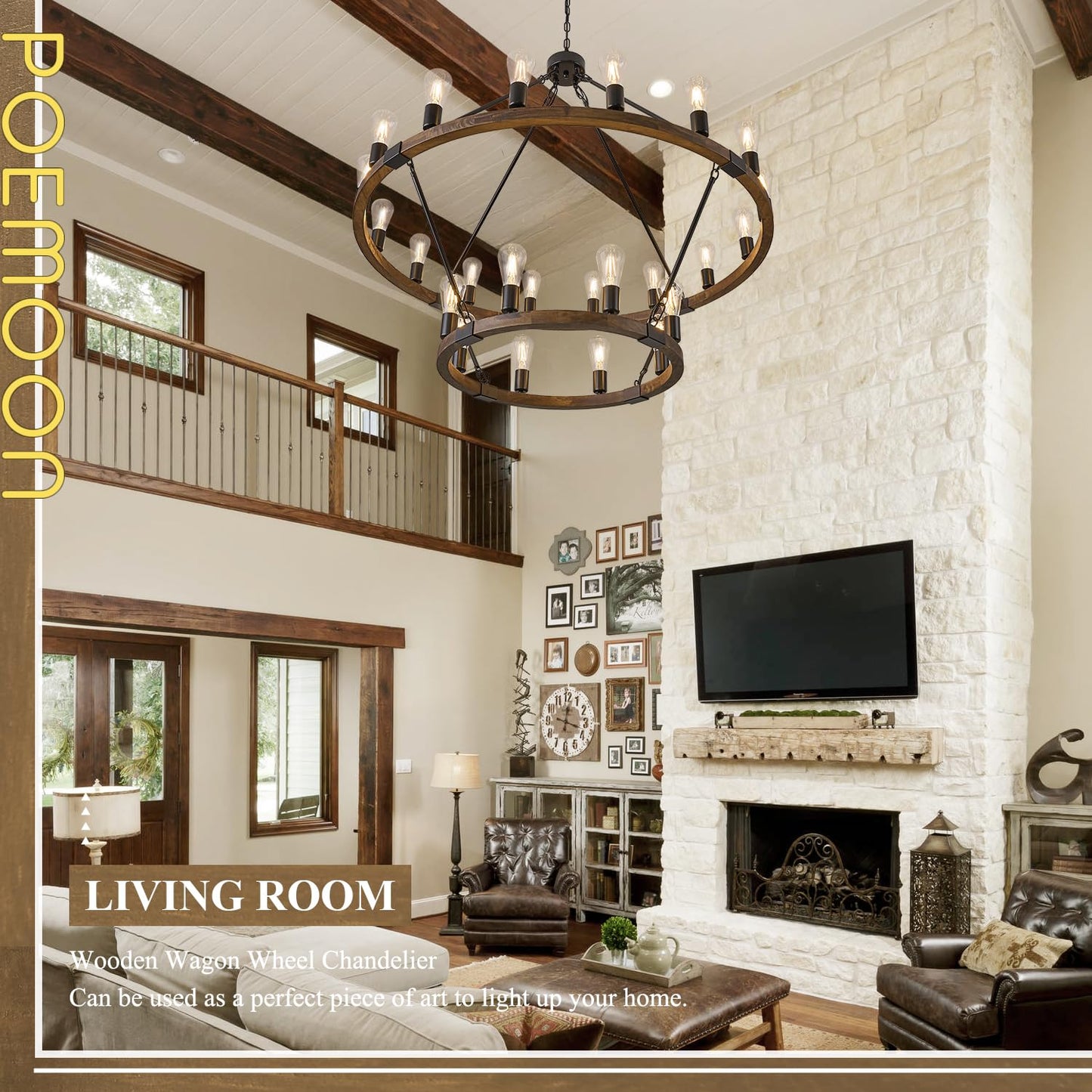 Poemoon 2 Tier Wooden Wagon Wheel Chandelier 43.3'' Farmhouse 24 Lights(16+8) Black Rustic Light Fixture 2-Story Round Wood Chandelier for High Ceiling Living Dining Room Foyer Villa