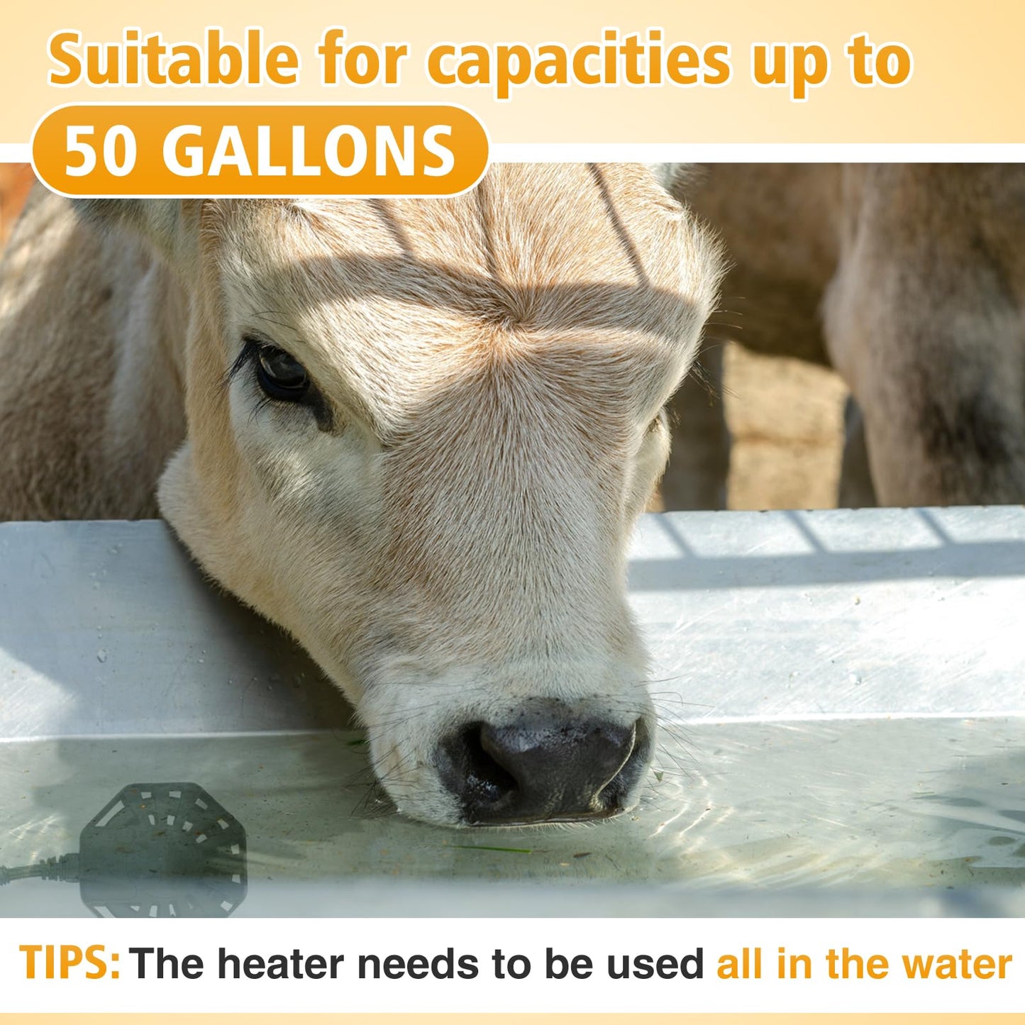 Horse Water Heater - 500W De-icer for 50 Gallon Cows Sheep Livestock Water Trough Tank Bird Bath, Chicken Water Heater Winter Outdoor Thermostatic Control Aluminum Painted PTFE Submersible Heater