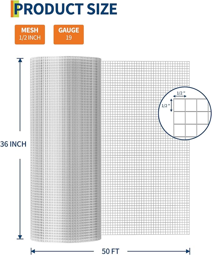 1/2inch 19Ga Galvanized Hardware Cloth for Chicken Coop, Duck Poultry, 36"x50', Silver