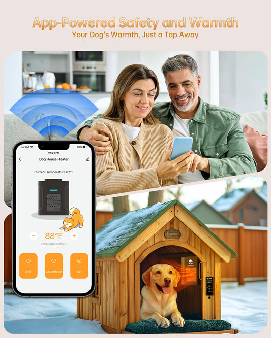 Dog House Heater – 45℉ to 113℉ Thermostat Controlled Pet House Heater with Wifi Remote App Control 300W Fast Heating Energy Saving Eco Mode Safe for Outside Dog House Winter Chicken Coop