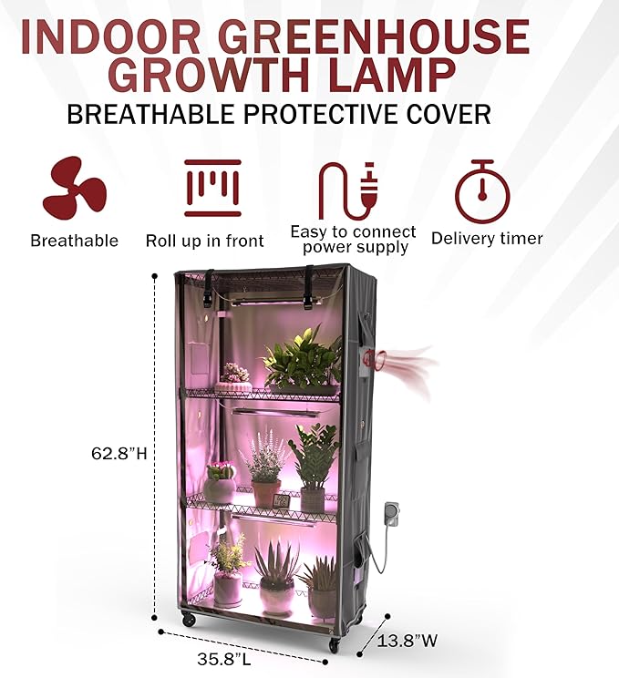 Indoor Greenhouse with Clear Cover – 4-Tier Portable Plant Stand with 3 T8 Grow Lights, Timer, Thermometer, Ventilation, Seed Starter for Herbs, Seedlings, Flowers (35.8"x13.8"x62.8")