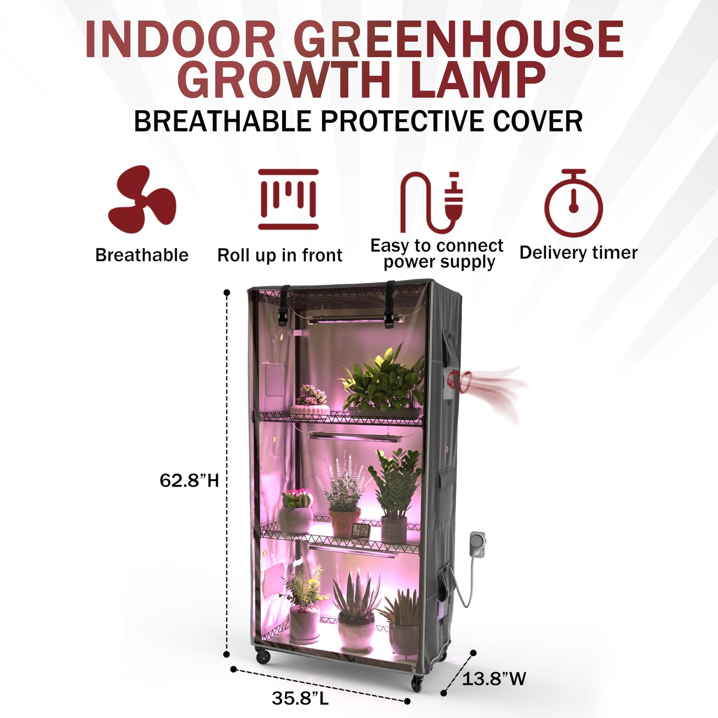 Zuwachs Indoor Greenhouse with Cover,4-Layer Plant Shelf with 3 Sets T8 Grow LightsTimer, Thermometer Ventilation Ideal for Seedlings, Flowers, Herbs (35.8" L x13.8 W x62.8 H)