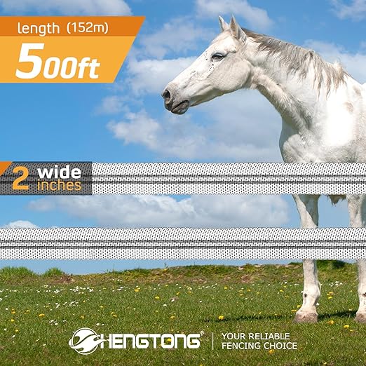 Electric Fence Poly Tape, Heavy-Duty Sure Shock PVC, Electric Fence Tape for Horse, 500ft(152m), 2 Inch, White and Black, Electric Fence Tape for Horse