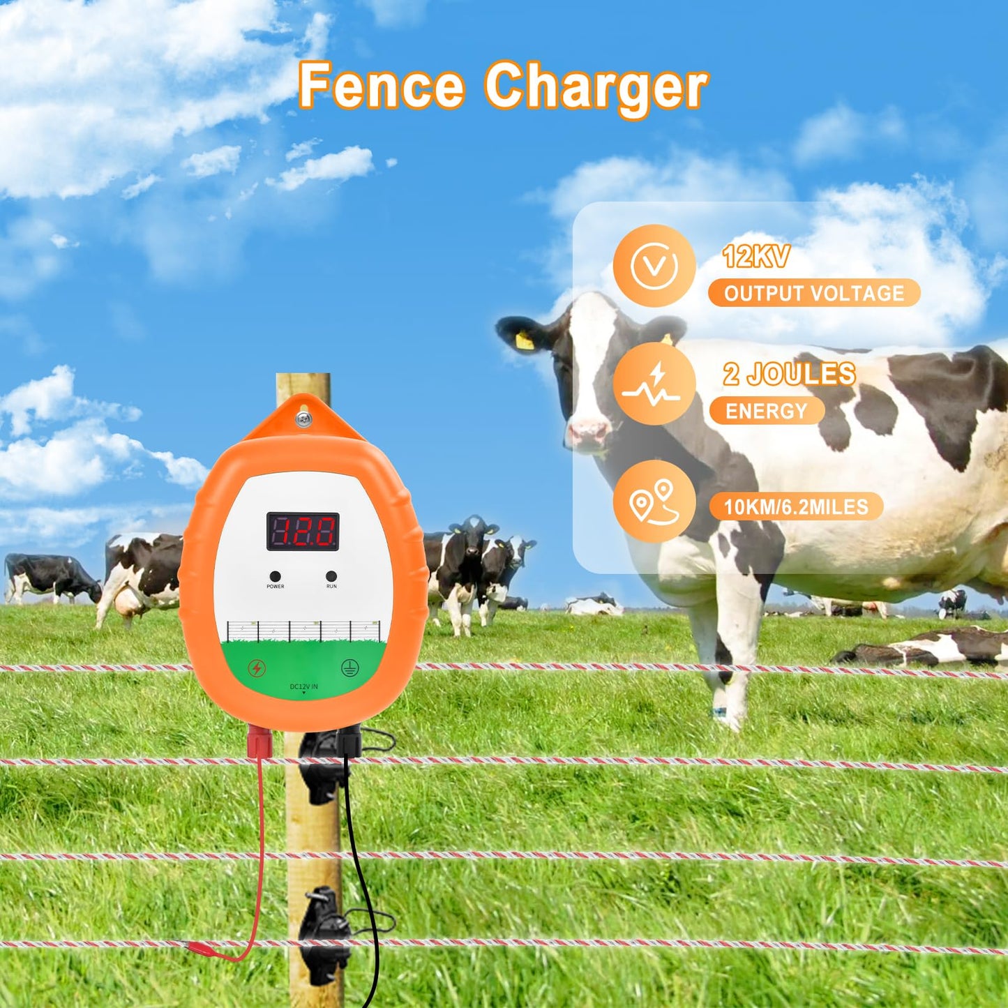 DDayuanwei Electric Fence Charger, Multi-Powered Supply Electric Fence, 12 KV 2 Joules High-Power Output with LED Display, Repels Large Wildlife for Livestock Pet Poultry Gardens Orchards Protection