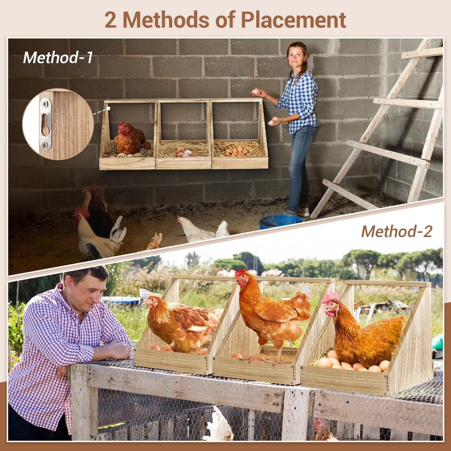 3 Pack Chicken Coop Nesting Boxes for Laying Eggs - Wooden, Duck & Chicken Nesting Box Accessories
