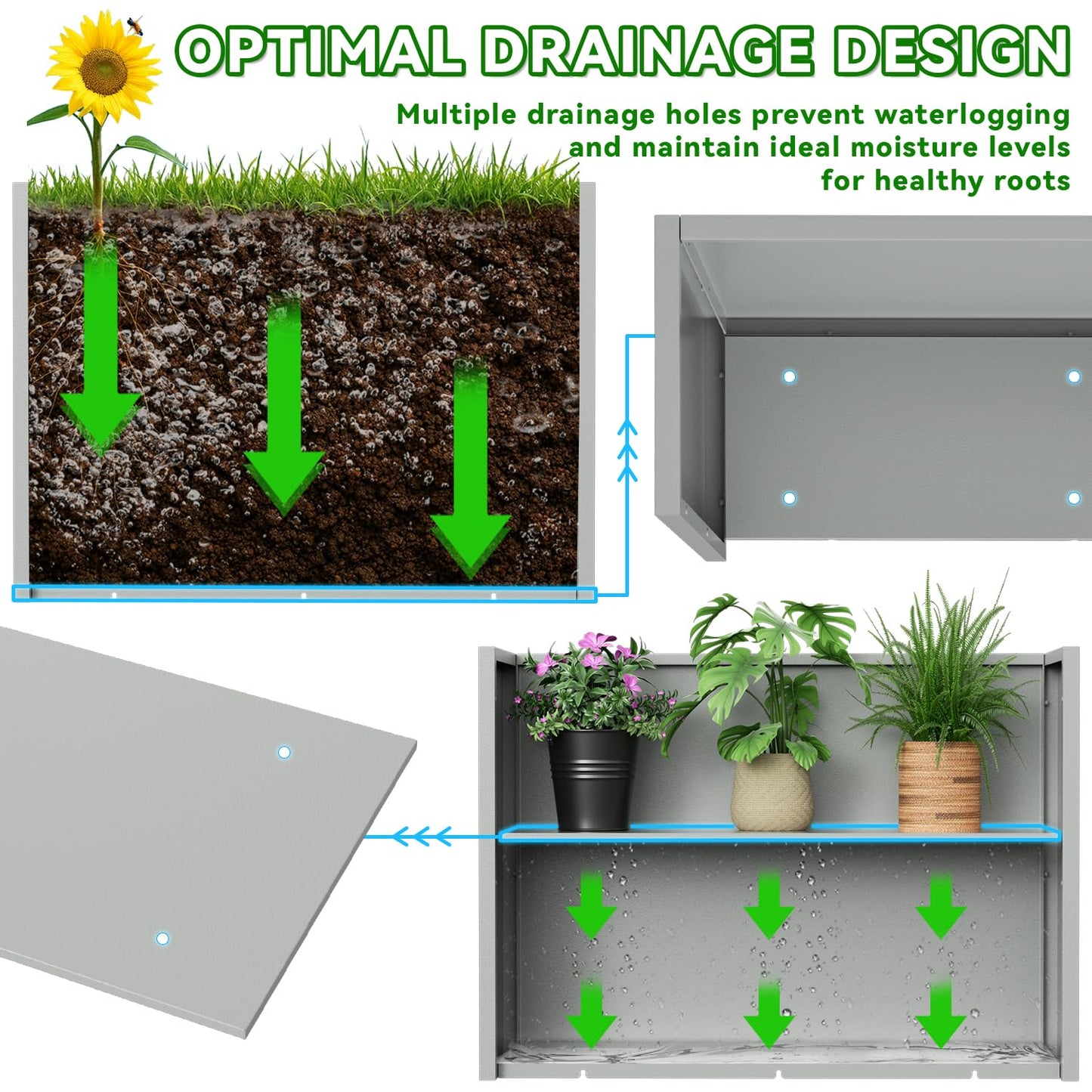 Metal Planter for Outdoor, 38" L x 10" W x 30" H Large Rectangular Planter Box with Drainage & Adjustable Shelf, All-Weather Modern Durable Decor for Patio, Garden, Balcony (Gray)