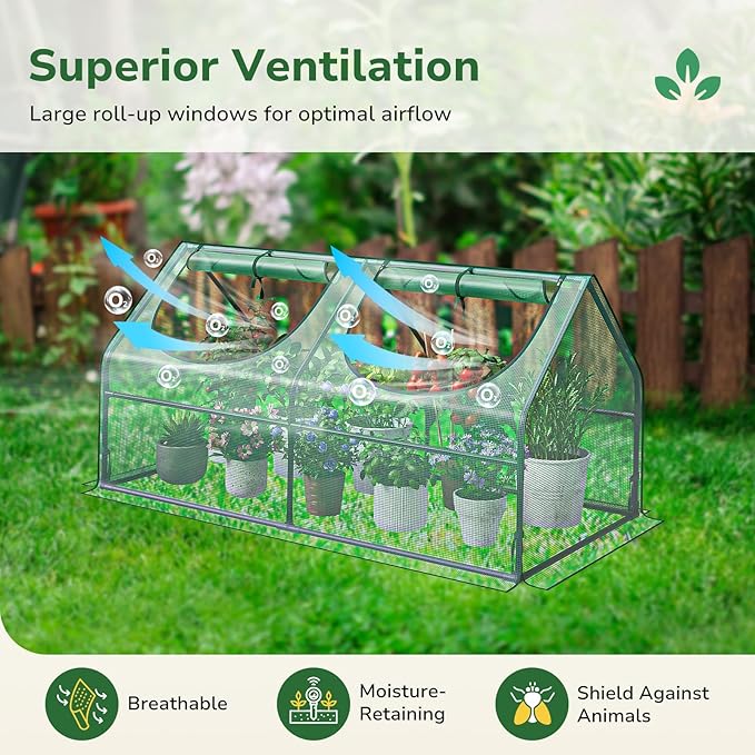 GreatBuddy Portable Mini Greenhouse, 3×3×6Ft, High-Density PE Plant Cover with 2 Roll-up Zipper Windows, Perfect for Indoor Outdoor Plant Growing