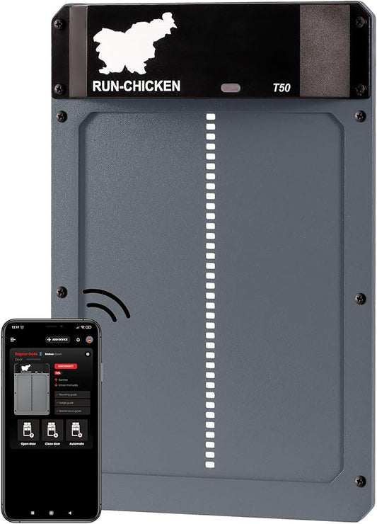 RUN-CHICKEN Door (Gray) Automatic Chicken Coop Door, Programmable with App, Battery Operated, Evening and Morning Delay, Aluminum Door,Chicken Gift, Electric Chicken Run, Model T50 Classic