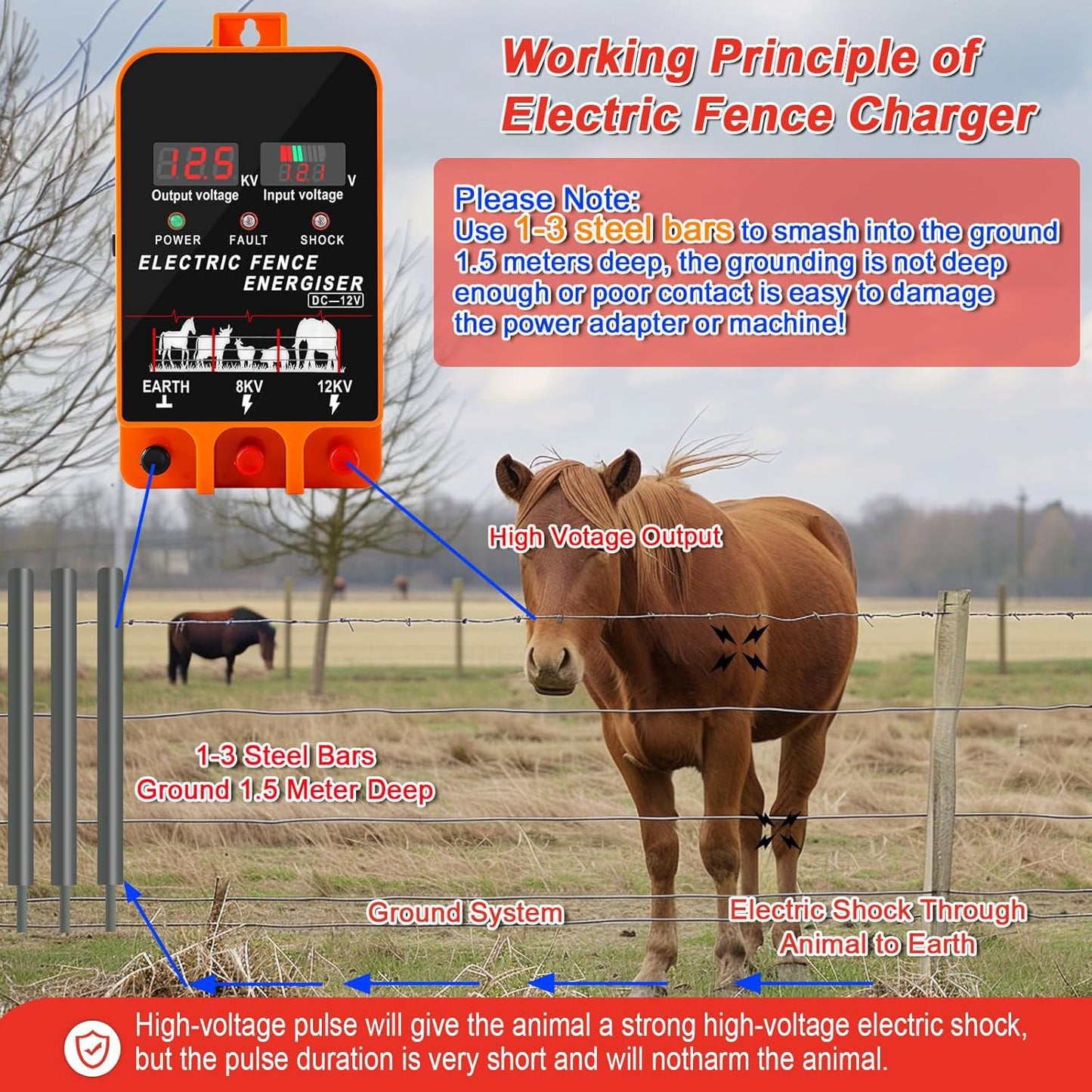 5.5J Electric Fence Charger Energizer, 5.5 Joules 10 Miles, AC DC 2 in 1 Powered Supply, Input 12V Output 8 KV or 12KV, with Display and Alarm, Contain Cattle Cow and Livestock, No Remote
