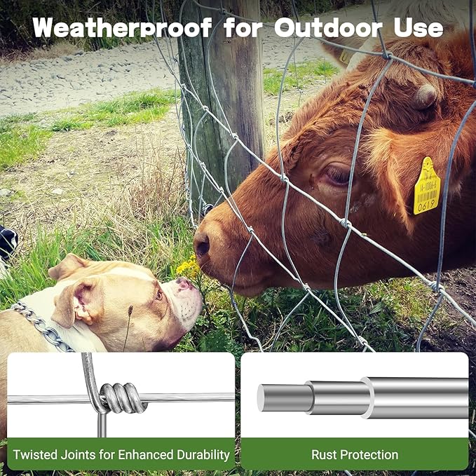 5ft x 164ft Galvanized Farm Fence, Cattle Fence, Hog Wire Fence Panels, Wire Fence Rolls, Heavy Duty Wire Mesh for Deer, Pig, Sheep Enclosure for Yard, Garden, Field Use-14 Gauge