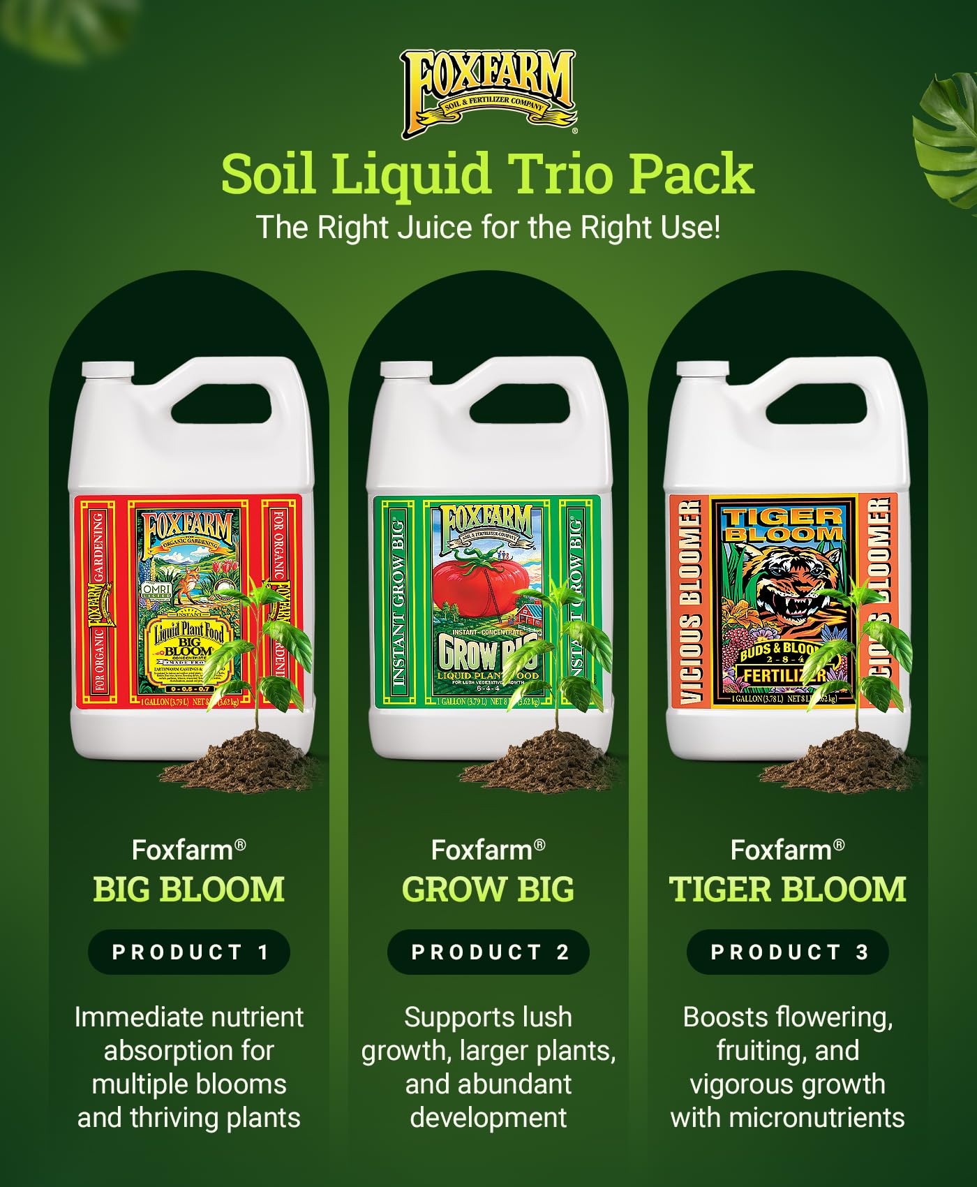 Fox Farm Fertilizer Soil Trio Liquid Nutrient: Tiger Bloom, Grow Big, Big Bloom Gallon Bottles - (Pack of 3-1 Gallon)