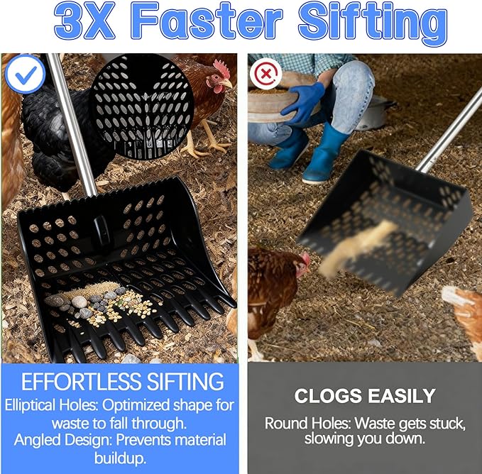 Chicken Poop Scooper & Rake 4-in-1, 9" Sifting Plate with Adjustable Stainless Steel Handle (35.4"-63") - Chicken Coop Scoop for Chicken Coops, Sand & Animal Litter (Single Unit, Black)