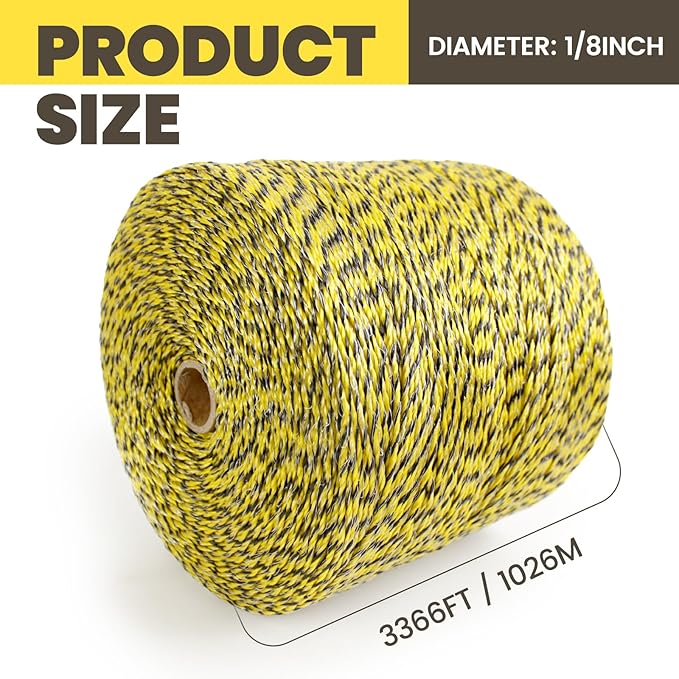 Electric Fence Wire 1/8'' 3366 Feet/1026 Meters, Upgraded 6 Stainless Steel Strands Conductors, Portable Polyrope Electric Fence Polywire for Livestock, UV Wear Rust Resistant
