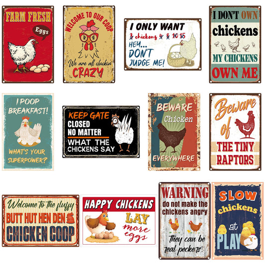 Tandefio 12 Pack Chicken Coop Signs 8 x 12 Inch Funny Metal Coop Signs Outdoor Decor Vintage Personalized Farm Yard Accessories for Home Kitchen Decor Chicken Lovers Gifts
