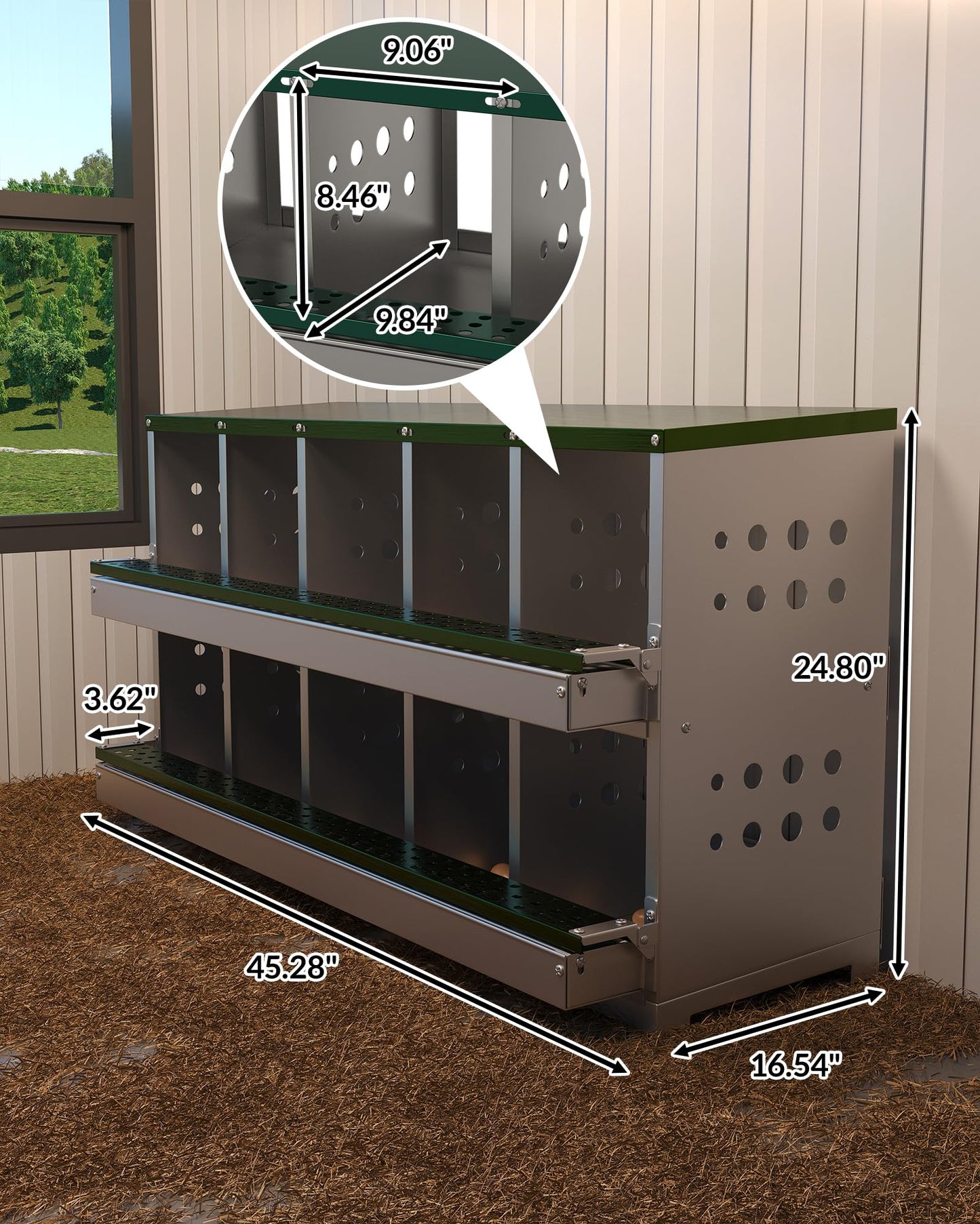 GarveeLife Wall-mountable Roll Away Metal Chicken Nesting Box for Laying Eggs, Rustproof Chicken Laying Boxes for Hens, Ventilated with Perch, Waterproof, 10 Compartments, Green